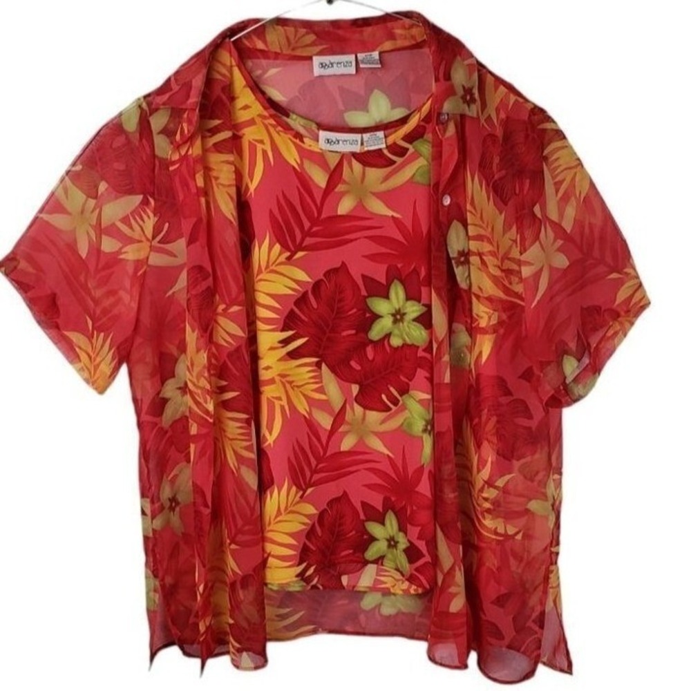 Apparenza Women Red Tropical Floral 2 Piece Set Sheer Shirt & Tank Top Plus 20W